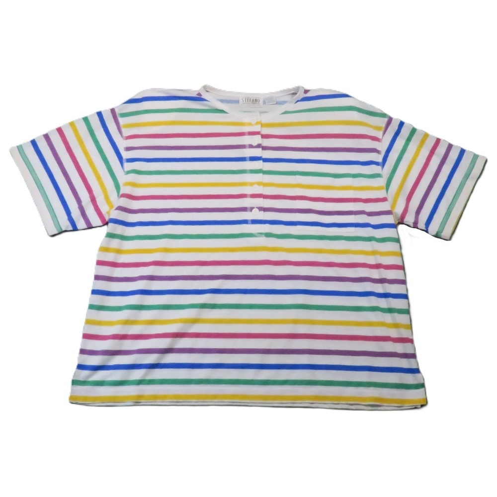 Stefano Rainbow Striped Henley T-Shirt Womens 22/24 Shoulder Pads Pocket Vintage